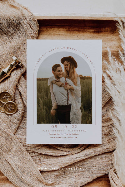Boho Arch Save the Date Photo Card Rust Terracotta Color