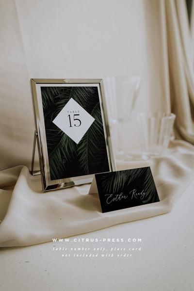 Dark Moody Tropical Table Number for wedding reception