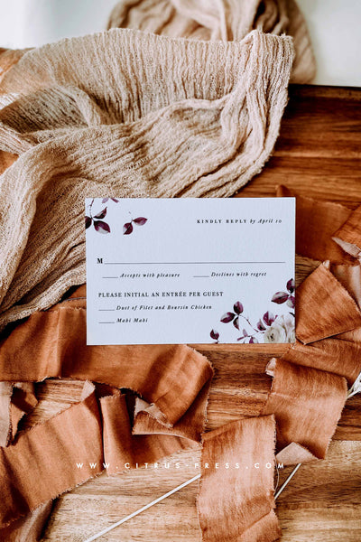 Fall Autumn RSVP Wedding card with burgundy leaves