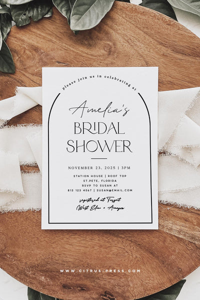 Arch Bridal Shower Invitation in Black and White Corjl template