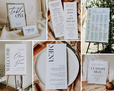 simple black and white typography wedding reception ceremony Printable Template Bundle Set