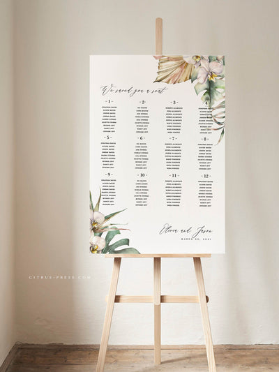 pampas tropical palm leaves orchid wedding seating chart template