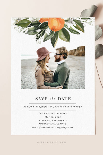 Modern Citrus Oranges Wedding Invitation perfect for a Florida destination wedding Photo Card