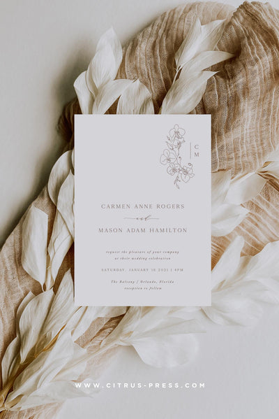 Minimal Orchid Line Art Wedding Invitation 
