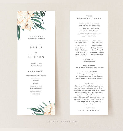 Orchid Tropical Wedding Reception Program