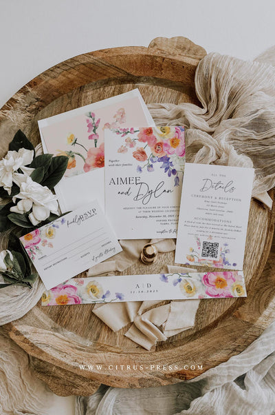 Floral Bloom Wedding Invitation Suite Printable Template