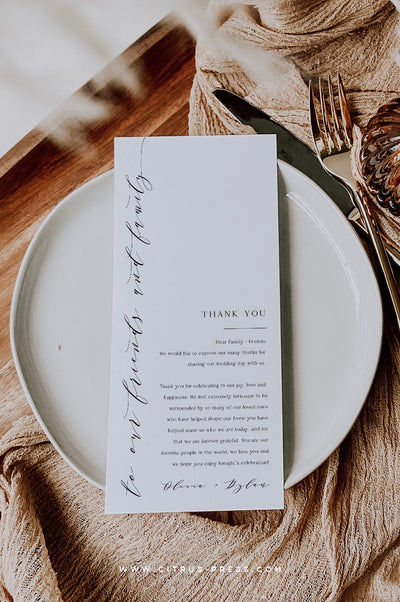 Table Thank You Card Menu for Wedding Reception Minimalist Design Layout Printable