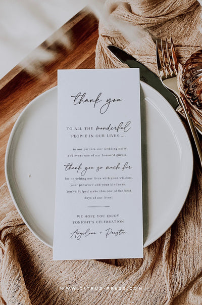 Minimalist Thank You Card for Wedding Reception Table personal message and menu