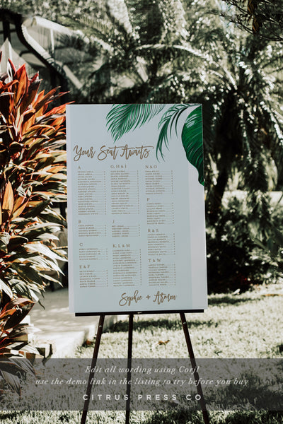 Tropical Wedding Seating Chart Beach Destination DIY Corjl Templett PDF Printable Edit Template