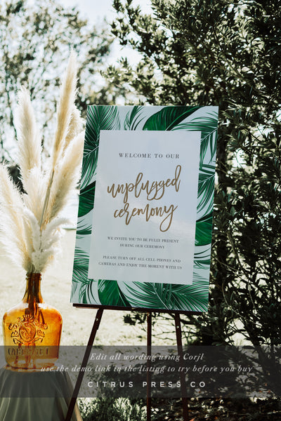 Tropical Wedding Welcome Ceremony Sign Corjl Editable Unplugged Sign PDF DIY Template Digital Download
