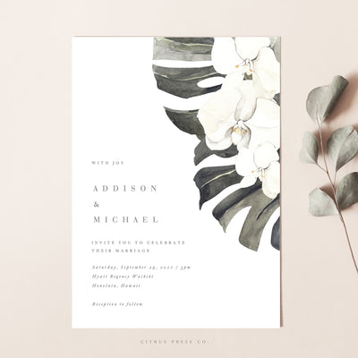 Orchid Tropical Destination Modern Wedding Invitation Palm Leaf 