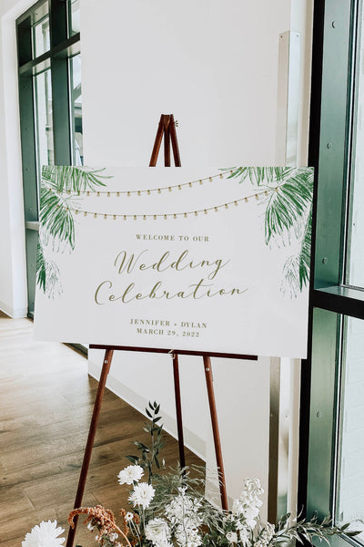 Tropical Destination Wedding Welcome Sign with string lights DIY PDF Template