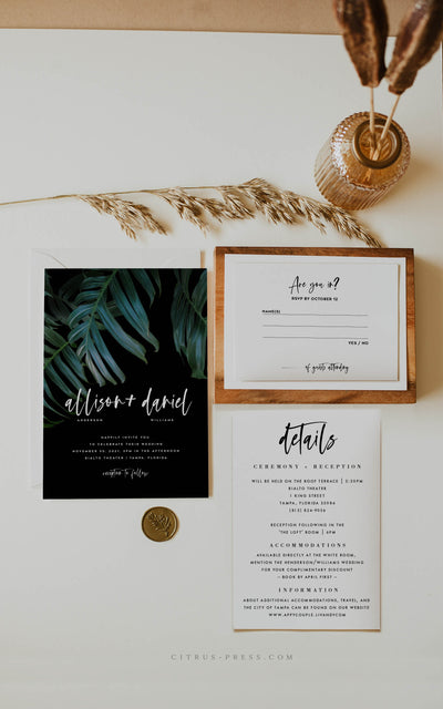 Dark Moody Tropical Wedding Invitation Printable Template