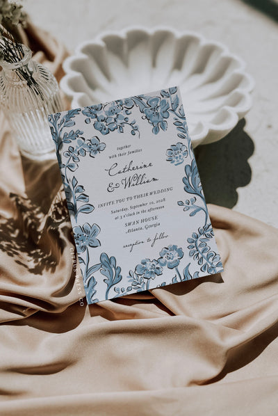 Blue Floral Hand Drawn Wedding Invitation