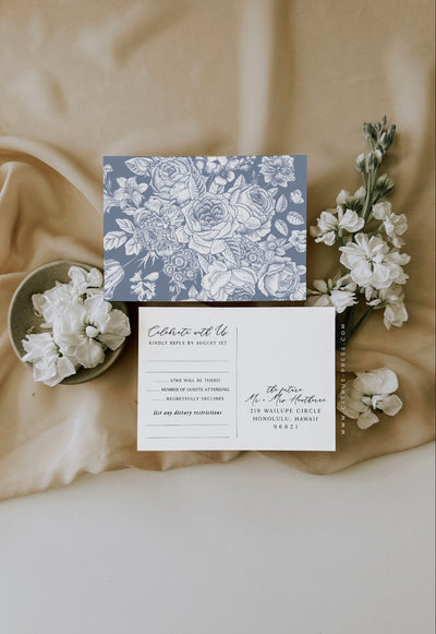 Blue vintage flower invite for wedding 