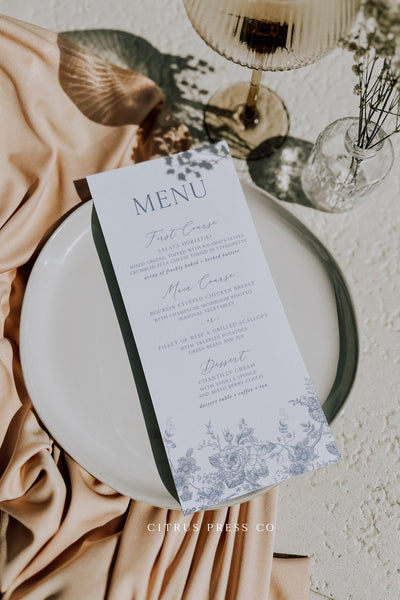 French Blue Vintage Floral Wedding Reception Menu DIY Editable Printable Template Instant Download