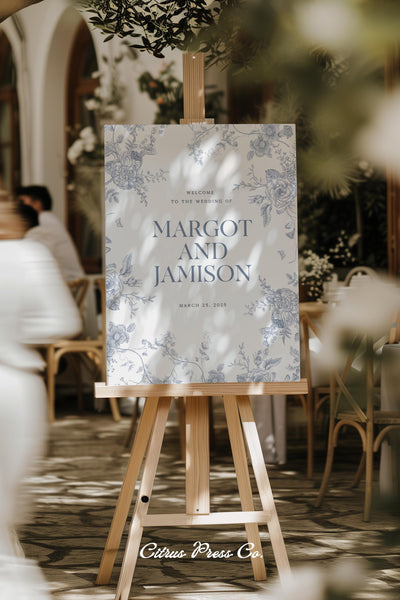French Blue Floral Welcome Sign 24x36 Wedding Signage Vintage Flowers Printable Template 