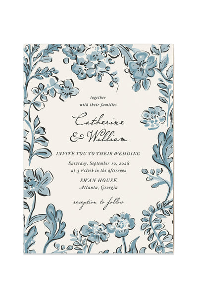 French Blue Hand Drawn Floral Pattern Doodle Scribble Watercolor style wedding invitation suite
