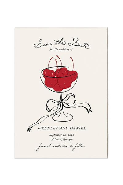 Hand Drawn Illustrated Save the Date with Champagne Glass Cherries and Bow Ribbon 