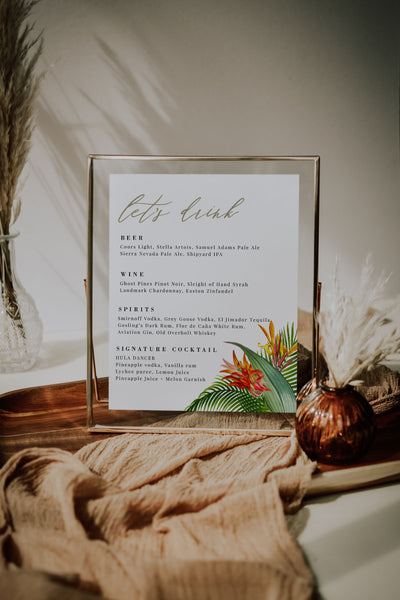 Tropical Bar Menu Sign Template Printable Corjl PDF DIY Wedding
