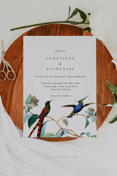 Vintage Love Bird Wedding Invitation Suite with Botanical elements