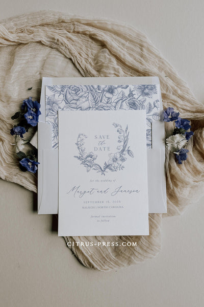 Dusty Blue Vintage Flower Wedding Save the Date Announcement Card Invite