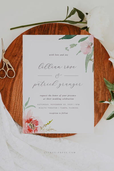 Romantic Blush Flower Wedding Invitation Printable Template PDF DIY Self Edit Corjl Templett