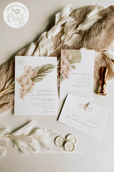 Boho Orchid and Pampas Grass Wedding Invitation Suite