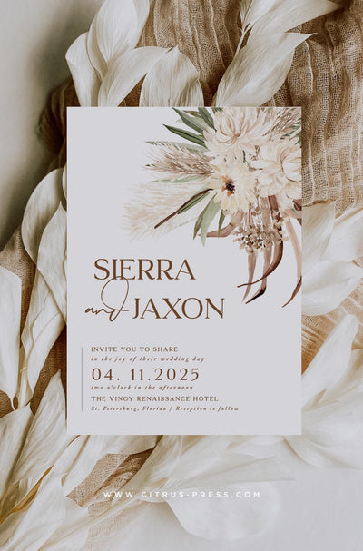 Boho Neutral Wedding Invitation with pampas grass and white flowers