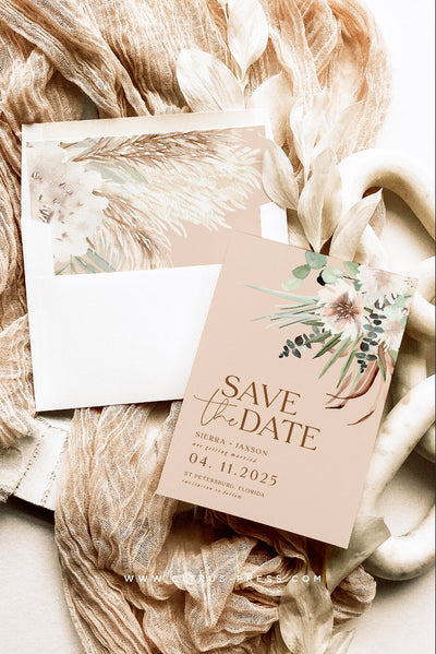 Boho Pampas Grass Save The Date Invitation with Envelope liner dried flowers greenery