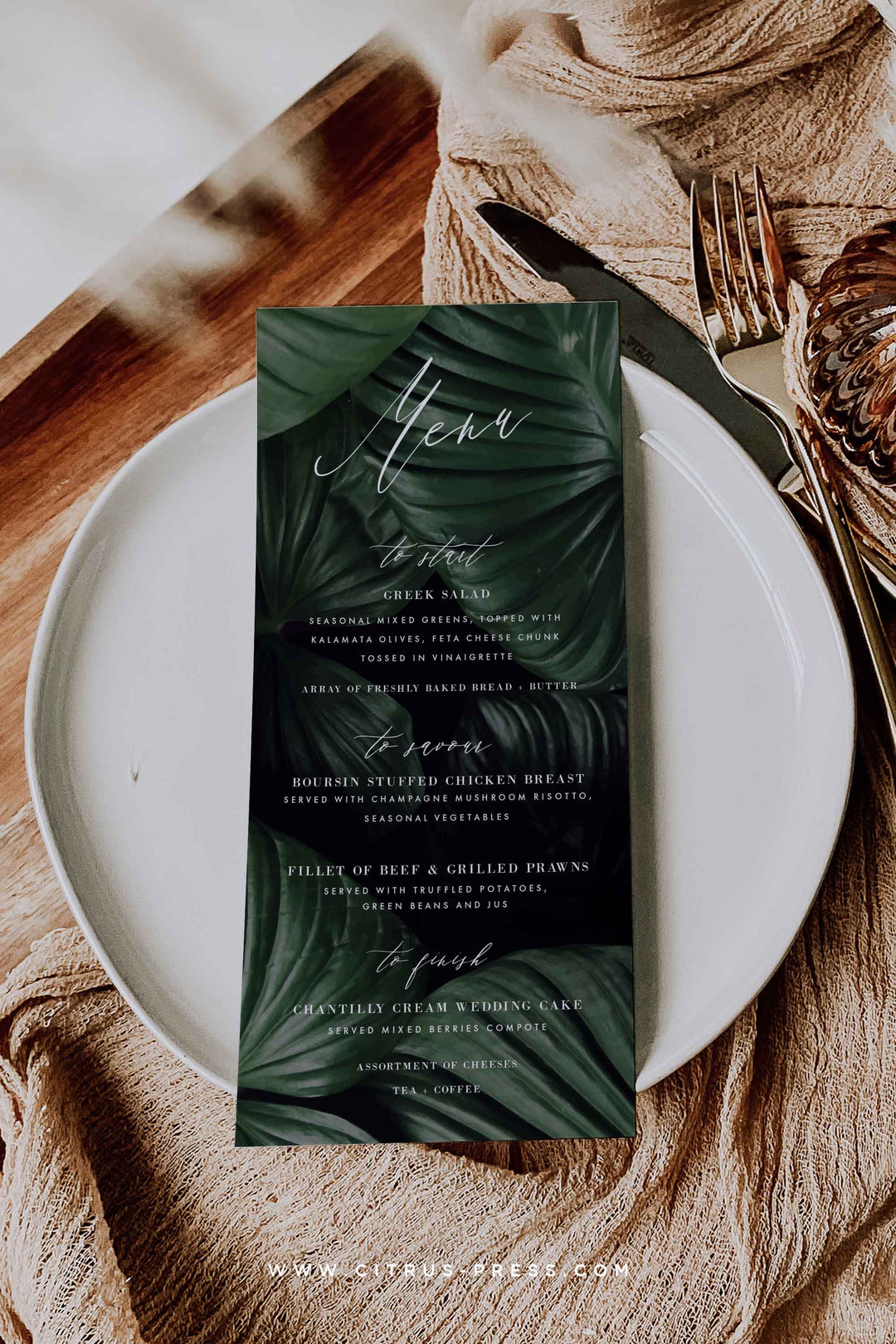Dark Moody Palm Leaf Wedding Reception Menu DIY Printable Template – Citrus  Press, image size:1080x1620