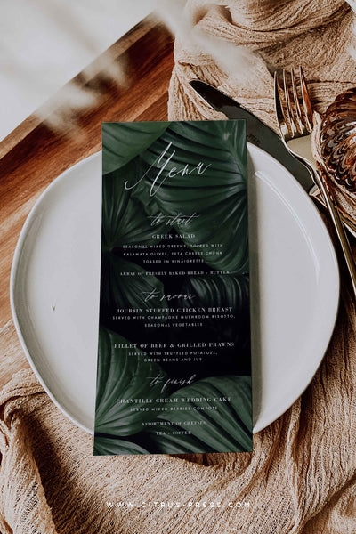 Dark and Moody Palm Leaf Menu Wedding Reception Corjl Templett Editable Template DIY