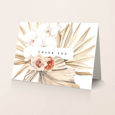 Sun bleached palm leafs and orchid thank you card for wedding