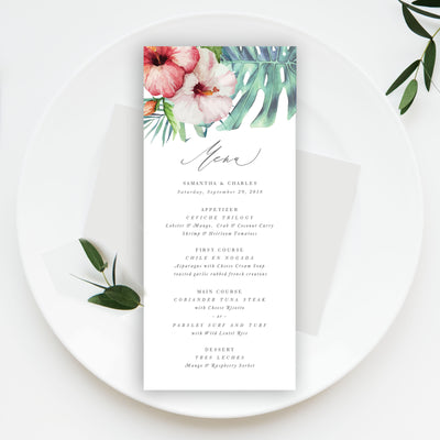 Hawaii Destination Tropical Wedding Invitation Reception Menu Hibiscus