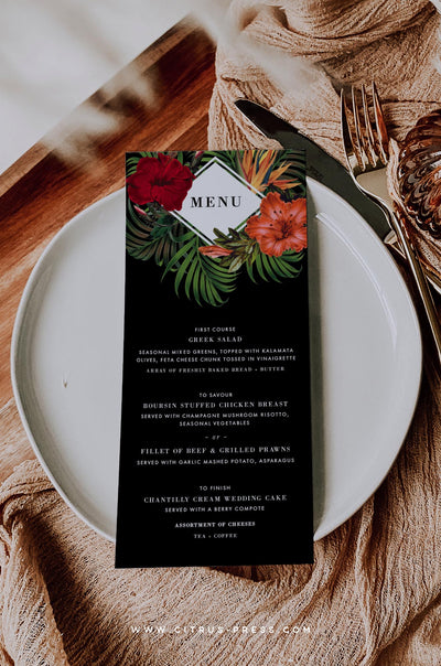 Tropical Wedding Menu Party Menu with Hibiscus Flowers and Palm Leaves