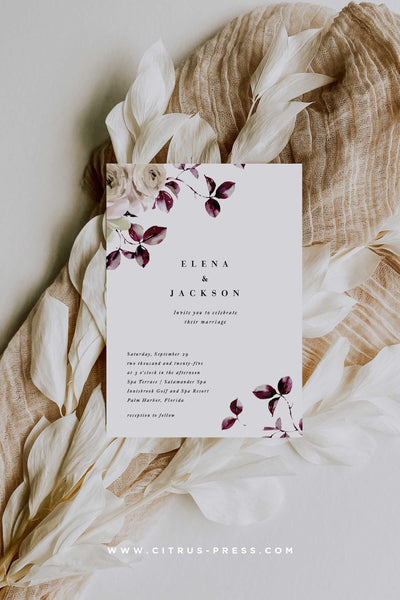 Elegant Fall Wedding Invitation Modern Minimal Design with Watercolor Roses in Burgundy Wine Colors