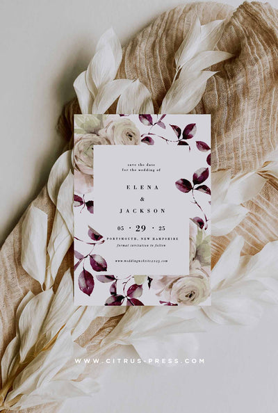 Fall Autumn Burgudy Leaves and Roses Save The Date Card