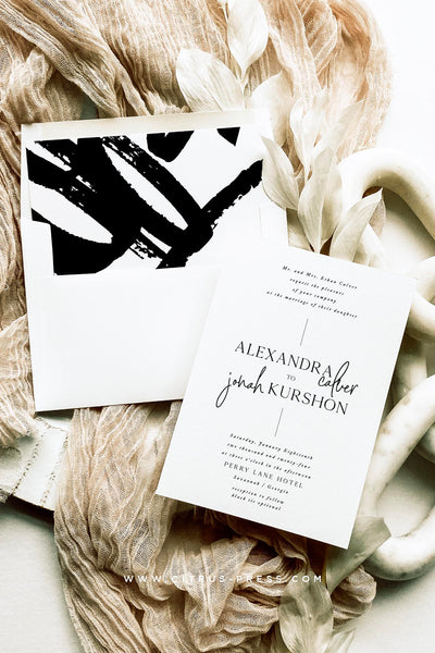 Minimal Black and White Wedding Invitation Abstract Art