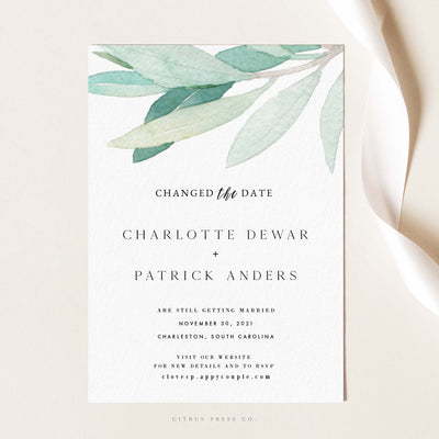 Eucalyptus Greenery Changed the Date Postponed Wedding Save the Date