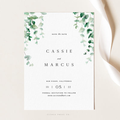 Simple Modern Save the Date Announcement Card with Eucalyptus Greenery