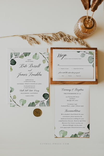 Eucalyptus Wedding Invitation Printable Template Self Editable DIY Corjl Templett