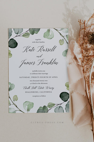Eucalyptus Greenery Wedding Invitation Printable Template DIY PDF Instant Download Corjl Templett