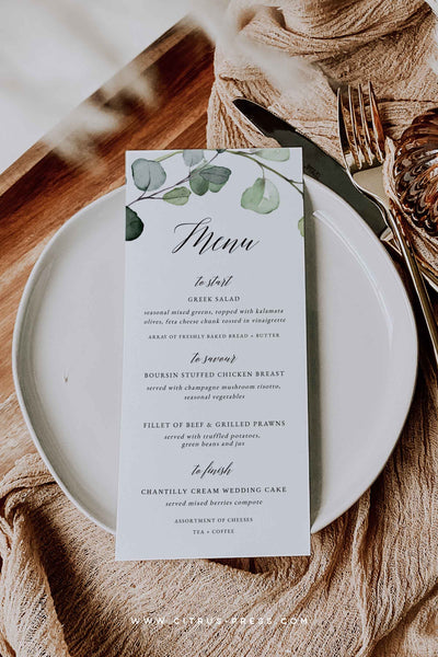 Eucalyptus Menu Template Wedding Reception Corjl Template Templett DIY PDF 