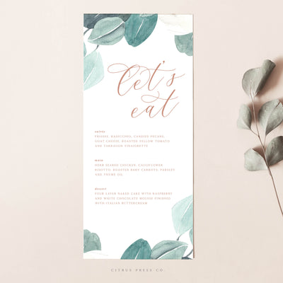 Eucalyptus romantic Greenery Wedding Reception Menu