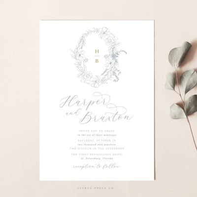 Laurel Crest Filigree Wreath Fine Art Wedding Invitation