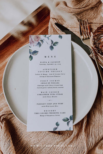 Blush Watercolor Flower Wedding Reception Menu 5x7