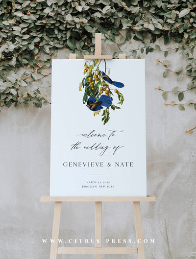 Minimal Wedding Welcome Sign with Vintage Botanical Birds