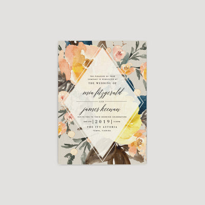 Mod peach and gray floral wedding invitation