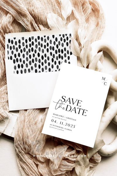Modern Minimal Save the Date Card with Lined Envelopes and a monogram on the card