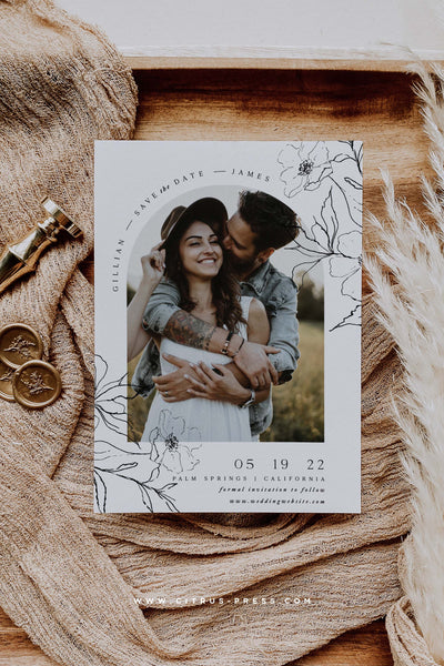 Arch Photo Save the Date Card Boho FloralMinimal Engaged Announcement Card 